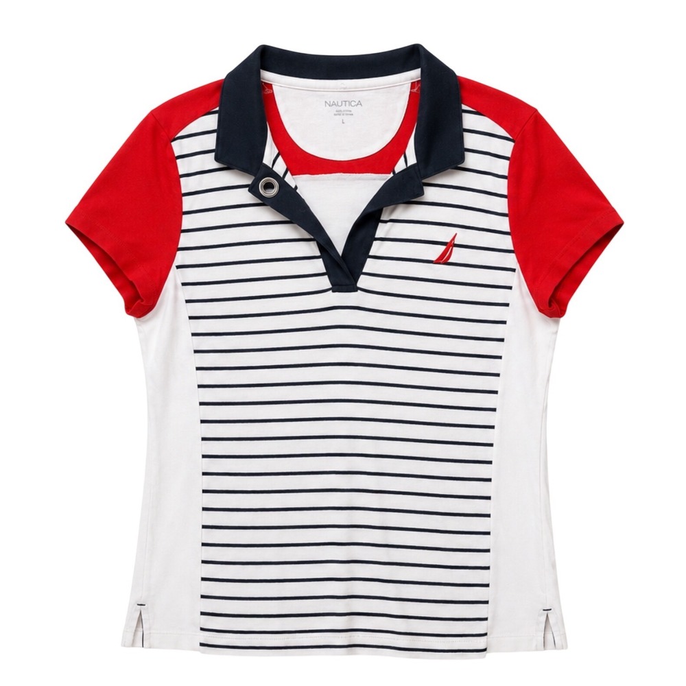 Nautica Womens‎ Red White Blue Striped Polo Shirt Short Sleeve Toggle Neck Large